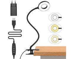 10 W LED-bureaulamp met klem – 3 lichtmodi, 10 helderheidsniveaus, 360° flexibele clip-on leeslamp voor thuis en kantoor