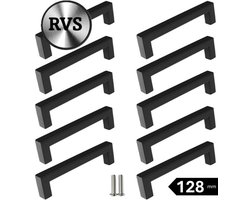 10 X MSQDESIGN Handgrepen RVS zwart - Boormaat 128mm - zwarte Handgreep voor Keuken & Kast - Moderne Meubelgreep - Keukengreep Mat zwart -Kastgrepen- zwarte Greepjes Keuken - zwarte RVS Handvatten - Deurgreepjes -incl schroeven