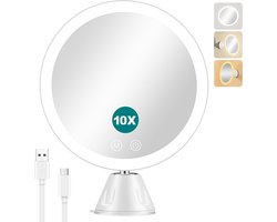 10 x vergrotende make-upspiegel met ledlampen, draagbare badkamerspiegel, spiegel, zuignap, 360 graden draaibaar, wit