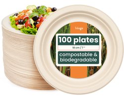 100 Bagasse Dessertbordjes (18cm) - Kleine Kartonnen Borden - Stevig en Lekvrij - Biologisch Afbreekbaar, Milieuvriendelijk en Thuis Composteerbaar
