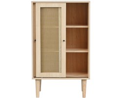 100 cm hoog dressoir in houtkleur met kunststof rotandeuren en glazen schuifdeuren, met 6 vakken achter de deuren.