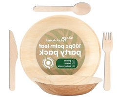 100-delig Palmblad Servies & Houten Bestek Set - 20x ronde borden - 20 ronde kommen - 20x messen - 20x vorken - 20x lepels - Biologisch afbreekbaar - Wegwerp - Magnetron Veilig