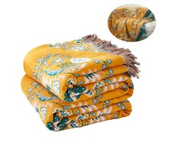 100% Katoen Deken Boho Ultra Zacht, Omkeerbare Deken met Dubbelzijdige Vogel en Bloem Borduurwerk, 150 x 200 cm Ademend All Seasons Dekbed voor Bank Bed, Sprei met Franjes, Lichtgewicht Decoratie Hondenkussen Stijl 3