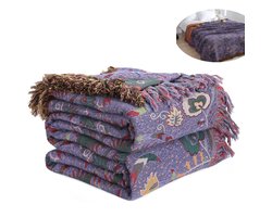 100% Katoen Deken Boho Ultra Zacht, Omkeerbare Deken met Dubbelzijdige Vogel en Bloem Borduurwerk, 150 x 200 cm Ademend All Seasons Dekbed voor Bank Bed, Sprei met Franjes, Lichtgewicht Decoratie Hondenkussen Stijl 8