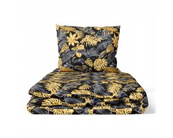 100% Katoenen Dekbedovertrek Set 140x200cm - Goud/Grijs Bladmotief