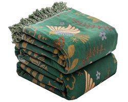 100% Katoenen Geweven Plaid met Fringes, 150 x 200 cm, Groen Beige