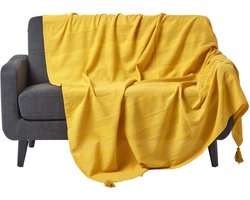 100% Katoenen Plaid - Lichtgewicht Handgeweven met Strepenstructuur en Kwastjes - Voor Bank, Sofa of Bed - Geel 225x255 cm