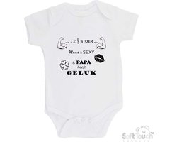 100% katoenen Romper "Ik ben stoer Mama is sexy & Papa heeft geluk" Unisex Katoen Wit/zwart Maat 62/68