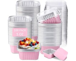 100 stuks Aluminium Bakblikjes met Transparant Deksel - Vierkante Mini Cakevormpjes Roze 150 ml - Wegwerp Bakjes voor Cupcakes, Brownies en Desserts