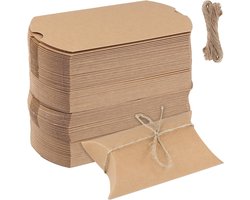 100 stuks bruine kussen papieren dozen 13 x 8,8 x 3,5 cm - Kraft geschenkdozen met jute touw voor bruiloften, verjaardagsfeestjes en evenementen