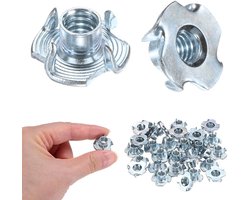 100 Stuks T-Nuts 1/4-UNC, 5/16 Inch Lengte, Carbon Staal, 4 Tanden, Voor Houtbewerking, Meubels en Klimaccessoires, Roestbescherming