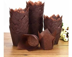100 stuks tulpvormige cupcake cups, standaard antivet bakpapieren muffinliners. Perfect voor bruidsshowers, babyshowers, verjaardagsfeesten, banketten en cateringevenementen（bruin）