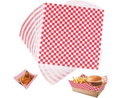 100 vellen - Bakpapier - Broodpapier - Vetvrij papier - Voering voor voedselmandjes - Rood-wit geblokt delicatessenpapier - BBQ-/picknickpapier - 30 cm