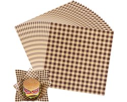 100 vellen - Oliebestendig voedselverpakkingspapier - Vetvrij papier - Voedselveilig verpakkingspapier - 18x18 cm - Rasterpatroon - Sandwichpapier en bakpapier - Geschikt voor brood, gebak, snacks en desserts - Bruin