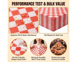 100 Vellen Rood-Wit Geruit Voedsel Inpakpapier 12x12 inch - Sandwichpapier, Bakje Liner, Deli Papier voor Restaurants en Barbecues
