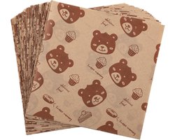 100 vellen - Vetvrij delipapier - 18 x 18 cm - Bakpapier - vetvrij papier - oliebestendig - Voering voor voedselmandjes - olieabsorberend papier - Bruine beer - inpakpapier voor gekookt voedsel - Vetvrij papier - voor sandwiches en hamburgers