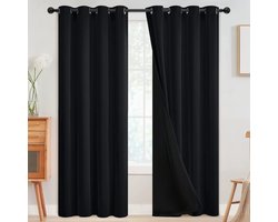 100% verduisterende gordijnen voor slaapkamer, thermisch isolerende ringgordijnen, zwarte verduisterende gordijnen voor woonkamer met zwarte achterkant, 132 x 213 cm, 2 panelen