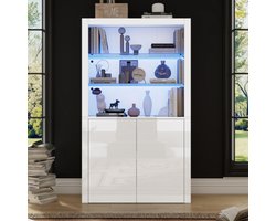 100 x 35 x 170 cm bank dressoir, hoogglans opbergkast, vitrinekasten met led-verlichting, displaypaneel van gehard glas, verticale hoge kast voor de woonkamer