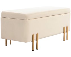 100 x 40 x 42 cm Beige Zitbank met Opbergruimte, Gestoffeerde Opbergbank, Zitkist met Opklapbare Zitting, Fluwelen Bank, Bedbank, Halbank, Voetenbank, Zitbank met Goudkleurige Metalen Poten, 70 L Opbergruimte voor Slaapkamer, Woonkamer en Hal