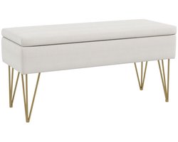 100 x 40 x 49 cm Crème Witte Bedbank met Opbergruimte, Gestoffeerde Opbergbank, Zitbank met Opklapbare Zitting, Opbergbank voor Slaapkamer, Halbank, Voetenbank, Dikke Gewatteerde Zitting, Ademend Stoffen Bekleding, Goudkleurige Metalen Poten