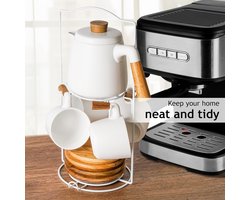 1000 ml keramische theepot set met thee-ei en kopjes/theezeef, 4 keramische thee mokken (300 ml), bamboe schotels/handvat voor thuis en kantoor (Witte met Rek)