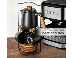 1000 ml keramische theepot set met thee-ei en kopjes/theezeef, 4 keramische thee mokken (300 ml), bamboe schotels/handvat voor thuis en kantoor (Zwarte met Rek)