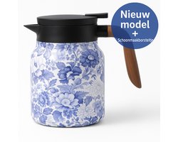 1000ml Roestvrijstalen Dubbelwandige Thermoskan – Theepot met Filter – Warm & Koud – Voor Thuis, Werk & Cadeau - Blauwe bloemen