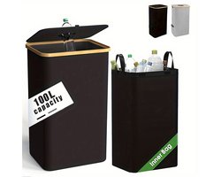100L Recyclingbak van Bamboe en Stof – Inklapbaar & Draagbaar – Duurzaam, Stijlvol en Gemakkelijk te Reinigen – Voor Keuken, Woonkamer en Kantoor