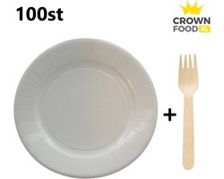 100st papieren bord rond 30cm + houten vorken - wegwerp bestek/servies - Crown Food XL®