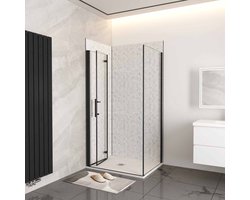 100x100x185cm douchecabine met inklapbare vouwdeur en vaste zijwand, 6mm helder EasyClean veiligheidsglas,mat zwarte aluminium frame