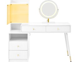 100x40x125cm Make-up Tafel opbergkast Set Met Driekleurige LED Spiegel 4 Lades 1 Verlichte Kast Met Glazen Deur 1 Open Opbergruimte Wit Afmetingen Zonder Kruk