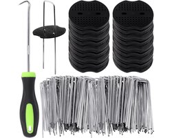 101 stuks tuinstapels kit, 50 stuks 150 mm U-vormige landschapstapels, 50 stuks bevestigingsafdichting met 1 stuks pick-haken voor onkruid, barrière, stof, vloerbedekking, omheining en
