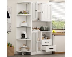 104×35×155 cm witte hoekkledingkast, woonkamervitrine met 3 kasten, 2 laden en 14 opbergvakken