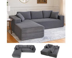 105 inch modulaire bank met diepe zitting, L-vormige bank met brede armleuningen, corduroy, schuim met hoge dichtheid, chaise longue voor de woonkamer, geen montage nodig, donkergrijs