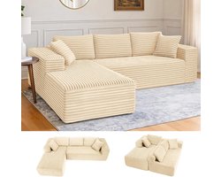 105 inch modulaire bank met diepe zitting, L-vormige bank met brede armleuningen, corduroy, schuim met hoge dichtheid, chaise longue voor de woonkamer, geen montage nodig, beige