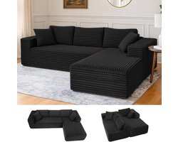 105 inch modulaire bank met diepe zitting, L-vormige bank met brede armleuningen, corduroy, schuim met hoge dichtheid, chaise longue voor de woonkamer, geen montage nodig, zwart