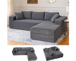 105 inch modulaire bank met diepe zitting, L-vormige bank met brede armleuningen, corduroy, schuim met hoge dichtheid, chaise longue voor de woonkamer, geen montage nodig, donkergrijs