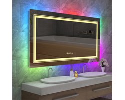 105 x 50 cm RGB Kleuren Led Badkamerspiegel met Dubbele Verlichting zowel Achterlicht 8 Lichtmodi als Voorlicht 3 Lichtmodi Dimbaar- Muur Decoratie- Luxe Full-Body-Make-up Spiegel -Hi-Tech Slimme Geheugen Aanraakschakelaar-Breukbestendig Anti-condens