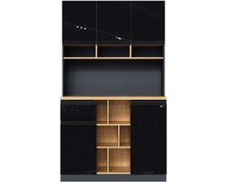 105×45×185cm, moderne keukenkast, buffetkast, dressoir, grijs en zwart, metalen handgrepen, verstelbare planken, lades, open opbergruimte, anti-kantelaccessoires, geschikt voor keuken, woonkamer en slaapkamer