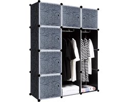 105x35x140cm Zwart Kledingkast Kunststof, Reksysteem Garderobekast met 12 Kubussen & Deur, Draagbare Planksysteem Slaapkamerkast, Combikast voor Kleding/Boeken/Speelgoed, NAIZY
