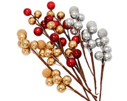 10stuks fruittrosdecoraties - bessenstelen kunstmatige bessentakken - fruittakversieringen - voor kerstkransen, bloemstukken, huisdecoratie - bolvormig - feestversiering - kerstversiering - creëer een feestelijke sfeer -10cm- 4 rood, 3 zilver, 3 goud