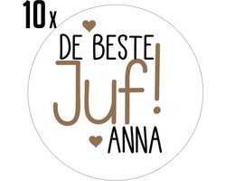 10x Beste Juf met naam Stickers - Afscheid Juf - Einde schooljaar - Stickers met naam - Feestje - Sluitstickers - Bedankje juf - Traktatie - Uitdelen - Uitdeeltraktatie - Wensetiket - Rond - 40mm - Glossy sticker