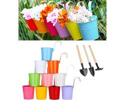 10x hangende bloempotten - 10 kleuren - 3 tuinspanen - verwijderbare haak - robuuste hangende pot - voor balkon - schutting - tuin - muur