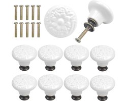 10x Kastknop met Witte Bloem - Meubelknoppen Keramiek Rond - Vintage/Antiek handgreep voor deur en lade