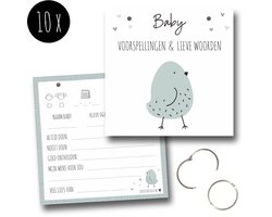 10x Luxe babyshower invulkaarten incl. gaatjes en ringen | boek / invulboek | Baby voorspellingen & lieve woorden | jongen / meisje