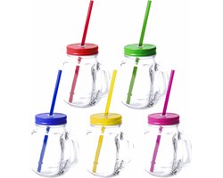 10x stuks Glazen Mason Jar drinkbekers met dop en rietje 500 ml - 5x kleuren, 2x stuks per kleur