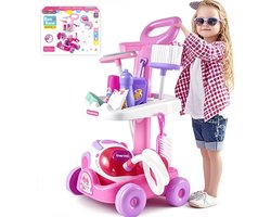11 Delig Schoonmaaktrolley-Schoonmaakset Kinderen Speelgoed Stofzuiger-Montessori Speelgoed-Huishoudelijke schoonmaaktrolley speelset-Schoonmaakset Speelgoed voor Kinderen-4 tot 6 Jaar-Inclusief bezems-borstels-Roze