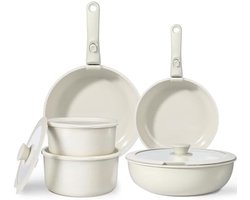 11-delige pannenset - met afneembare handvatten - en keramische coating - beige