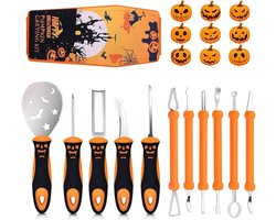 11 stuks pompoensnijset voor Halloween, snijmes voor kinderen en volwassenen, gereedschap voor het uithollen van pompoenen, roestvrij stalen pompoen-snijgereedschap, doodshulpdoos