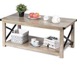 110 cm Rustieke salontafel, koffietafel cocktailtafel met opbergrek, breed tafelblad, uniek X stijlframe, salontafel met glad oppervlak, eenvoudige montage, voor woonkamer (Grijs)